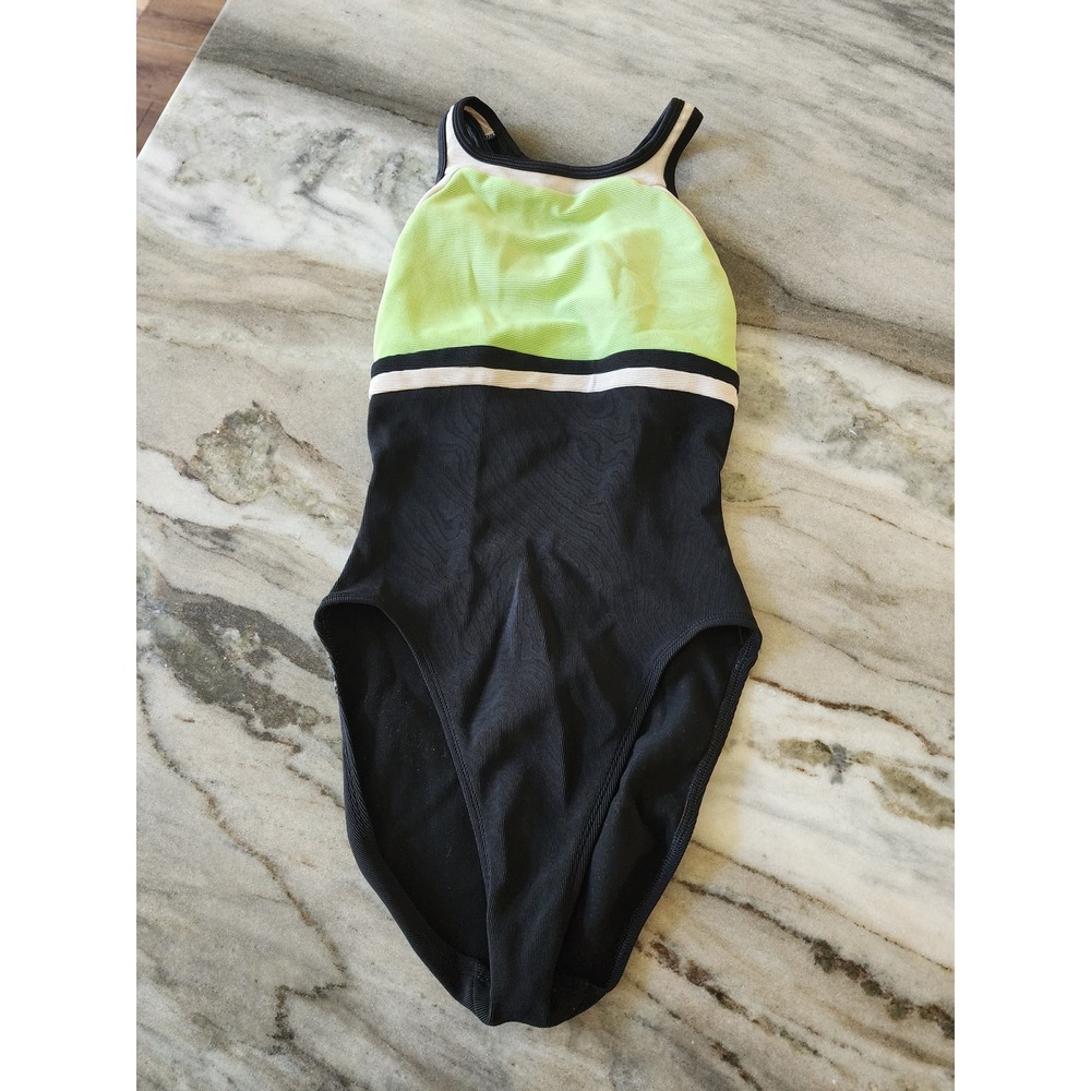 Jag Vintage High Cut One Piece Swimsuit Black Lime Green Ribbed Colorblock